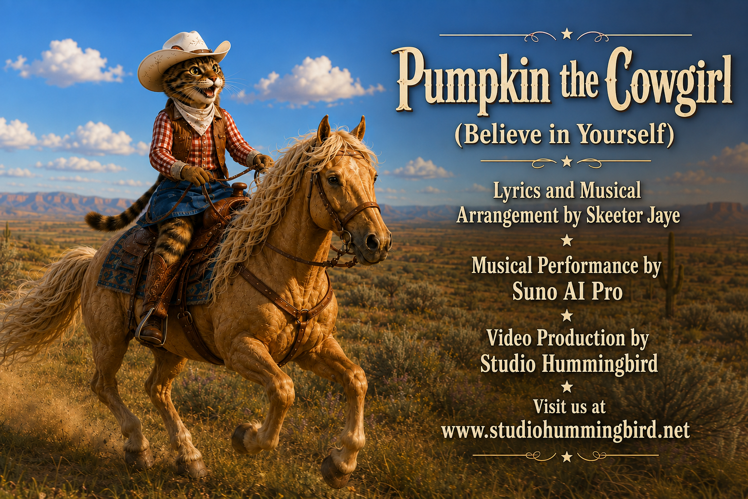 Pumpkin the Cowgirl riding her palomino horse across a sunny Western landscape, with the title Pumpkin the Cowgirl (Believe in Yourself) and production credits